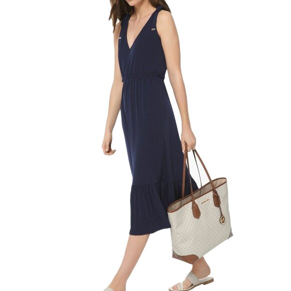 MICHAEL KORS v-Neck Sleeveless Tea Length Shift Navy Blue Dress - Medium - Picture 1 of 5